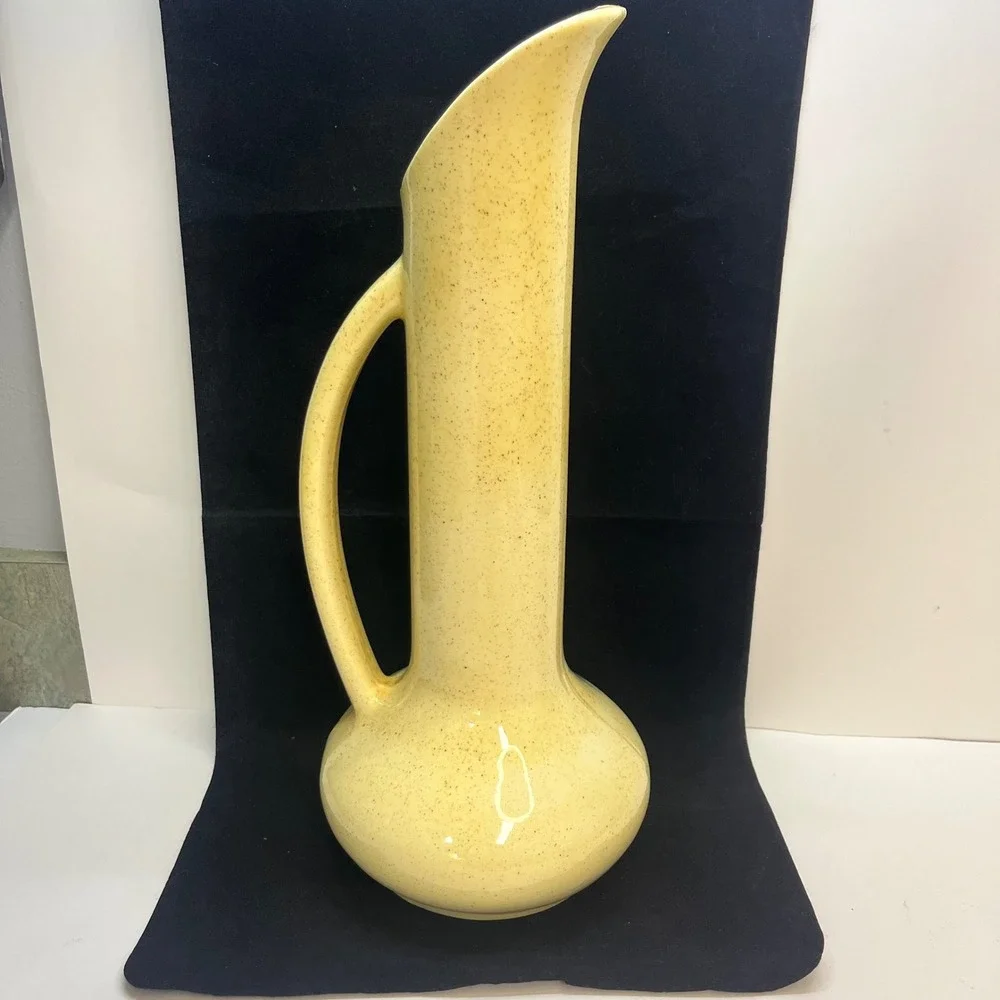 Vintage Speckled Yellow Ceramic Pitcher‎ Vase Blue Floral Hand Painted Tall 12in